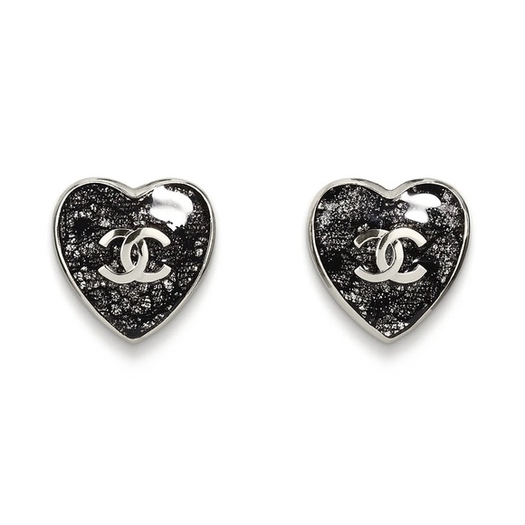 CHANEL Silver & Black Metal Resin Heart Stud Earrings New - Picture 1 of 7